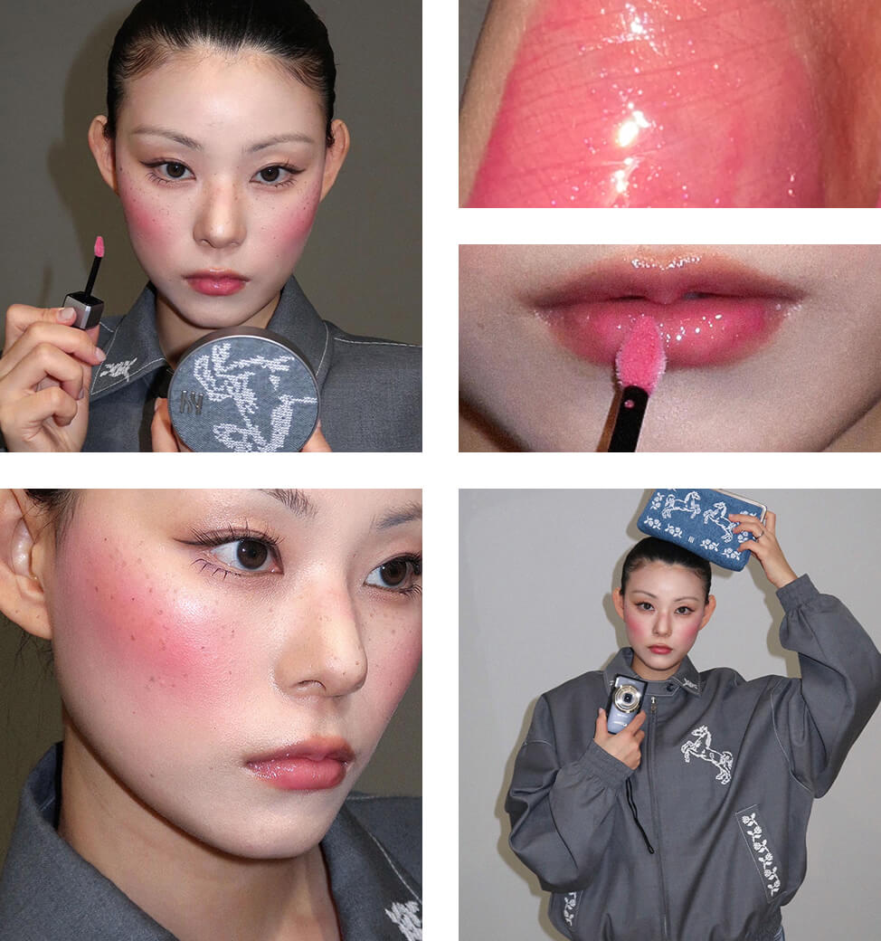 헤라 마크공 컬렉션 제품으로 메이크업 한 모델 정면 컷, 헤라 마크공 컬렉션 제품으로 메이크업 한 모델 측면 컷, 헤라 마크공 컬렉션 센슈얼 누드 글로스 100호 런어웨이 컬러 발색 컷, 헤라 마크공 컬렉션 센슈얼 누드 글로스 100호 런어웨이 컬러 입술 발색 컷, 헤라 마크공 컬렉션 제품을 들고 있는 모델 컷