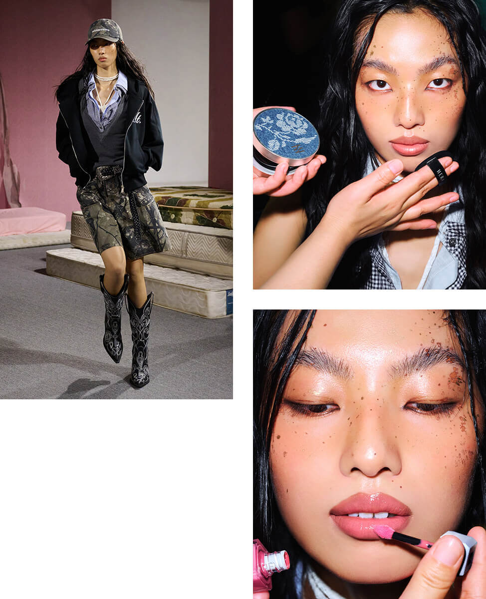 헤라 제품을 사용하고 런웨이를 하고 있는 모델 컷, 헤라 블랙 쿠션 파운데이션으로 메이크업 받고 있는 모델 컷, 헤라 센슈얼 누드 글로스 422호 란제리 컬러 바르고 있는 모델 컷