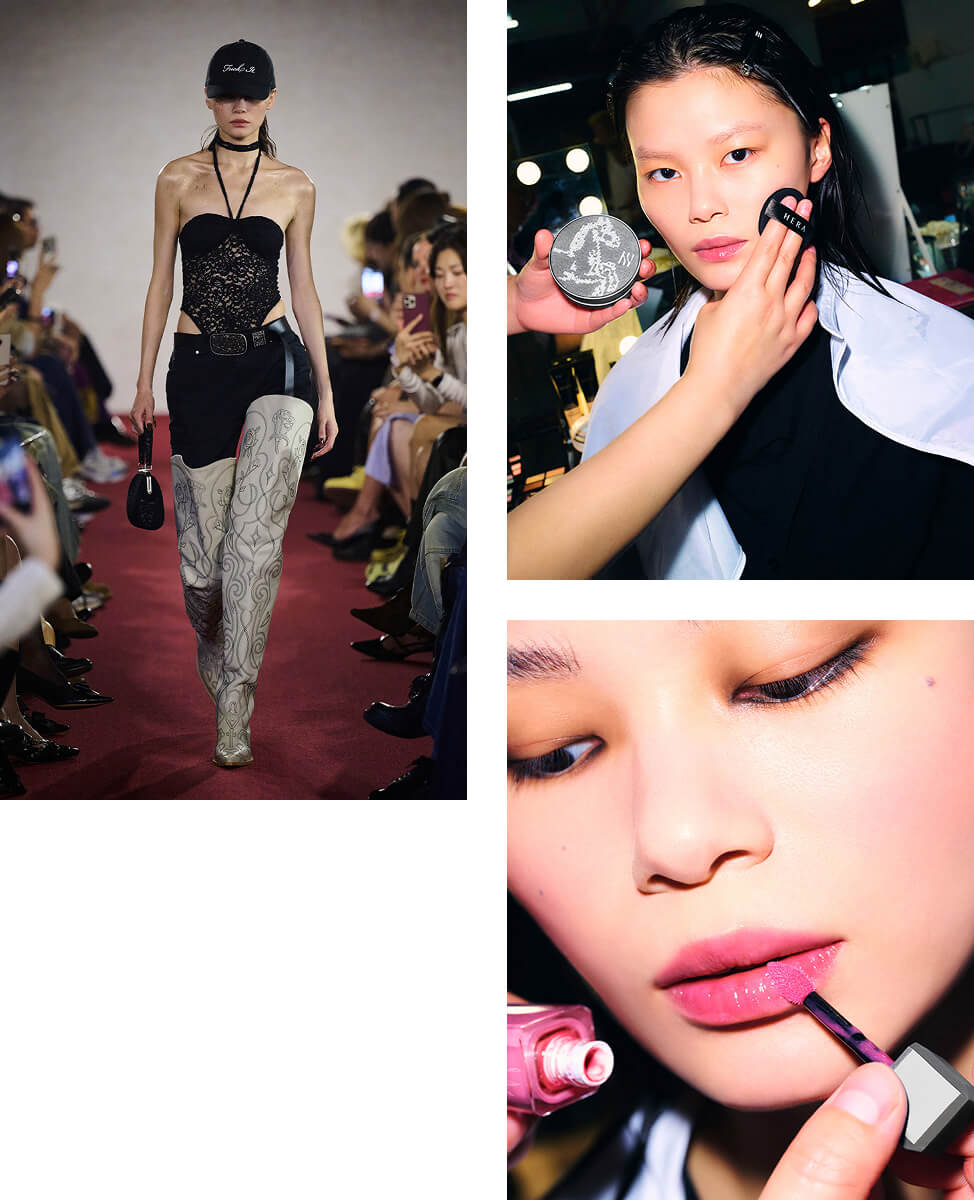 헤라 제품을 사용하고 런웨이를 하고 있는 모델 컷, 헤라 블랙 쿠션 파운데이션으로 메이크업 받고 있는 모델 컷, 헤라 센슈얼 누드 글로스 100호 런어웨이 제품 바르고 있는 모델 컷
