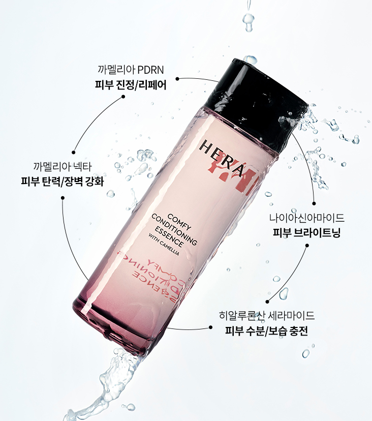 헤라 컴피 컨디셔닝 에센스 제품 이미지. 주요 성분 효능으로 까멜리아 PDRN 피부 진정·리페어, 까멜리아 넥타 피부 탄력·장벽 강화, 나이아신아마이드 브라이트닝, 히알루론산·세라마이드 피부 수분·보습 충전이 표시됨.