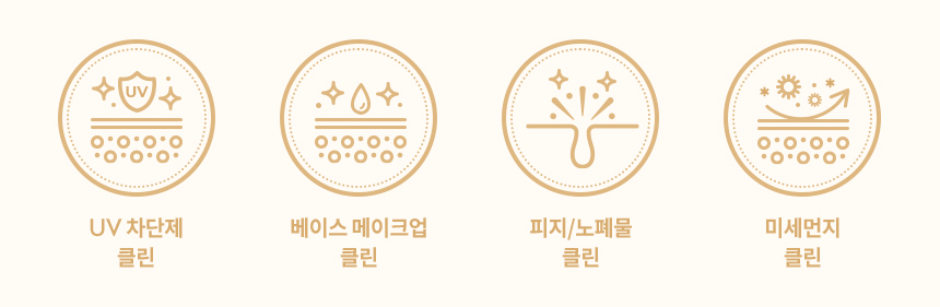 UV 차단제 클린, 베이스 메이크업 클린, 피지/노폐물 클린, 미세먼지 클린